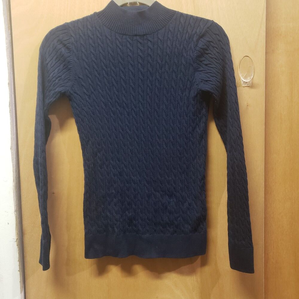 Amazon Essentials Women Sz XS Navy Cotton Fisherman Cable mockTurtleneck Sweater